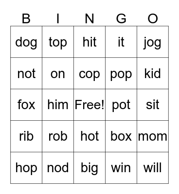 Short "o" and "i" Words Bingo Card