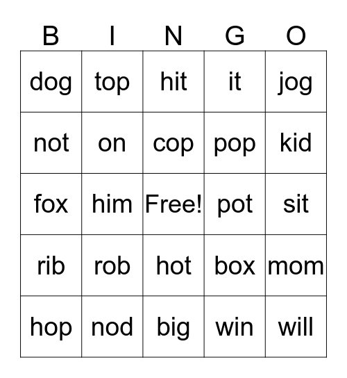 Short "o" and "i" Words Bingo Card