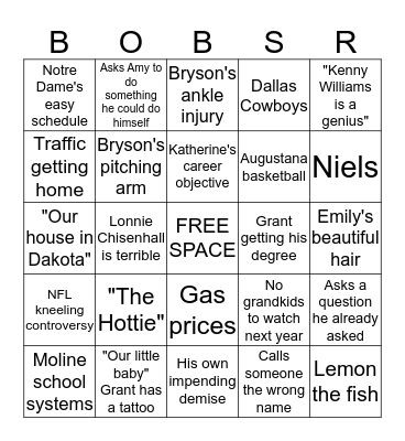 Bob Sr. Thanksgiving Bingo Card
