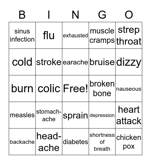Health Problems Bingo Card