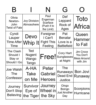 80's Hits Bingo Card