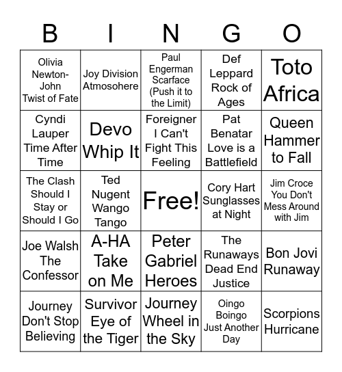 80's Hits Bingo Card