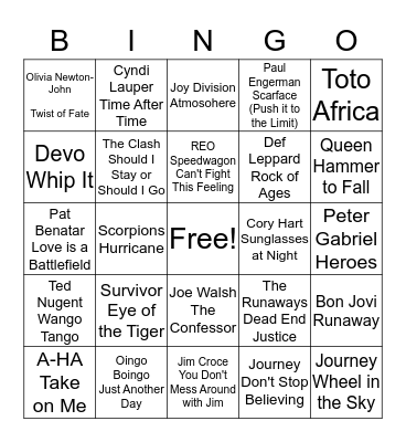 80's Hits Bingo Card