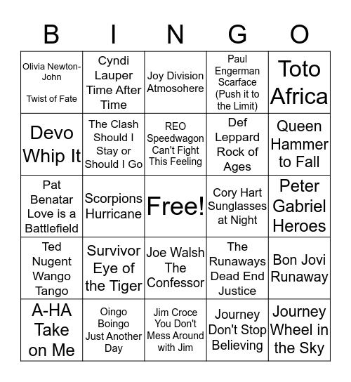 80's Hits Bingo Card