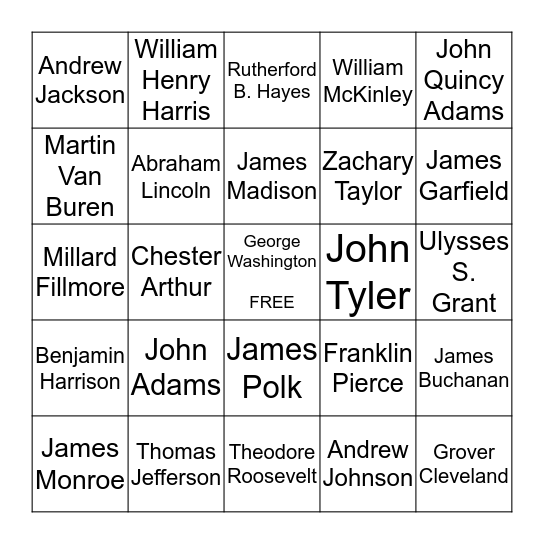 Presidents Bingo Fall Semester Bingo Card