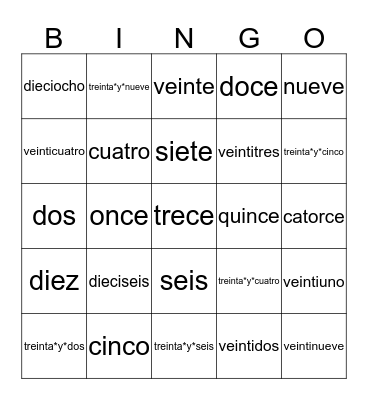 Numeros cero al treinta y nueve Bingo Card