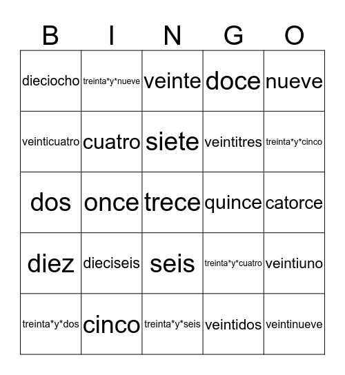 Numeros cero al treinta y nueve Bingo Card