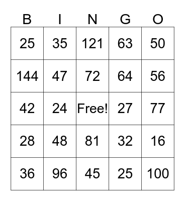 Multiplication Bingo Card