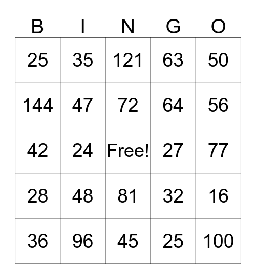 Multiplication Bingo Card