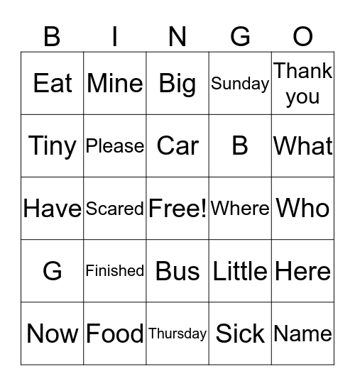 Key Word Sign Bingo Card