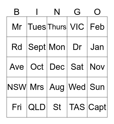 Abbreviations Bingo Card