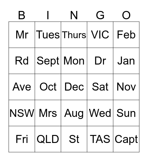 Abbreviations Bingo Card