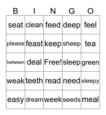ee and ea Spelling List Bingo Card