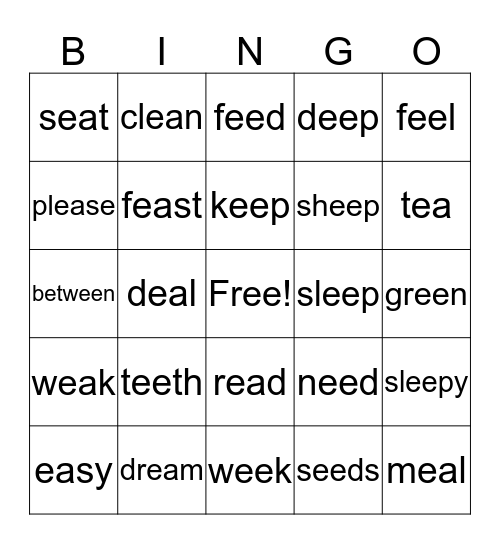 ee and ea Spelling List Bingo Card