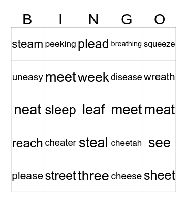 ea and ee Spelling 4 List Bingo Card