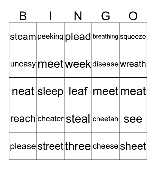 ea and ee Spelling 4 List Bingo Card
