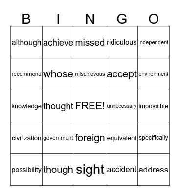 Need to Know Words Bingo Card