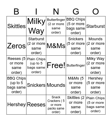 Snack Time Bingo Card