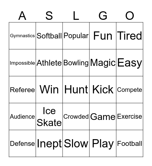 Sports List 1 and 2 Bingo Card