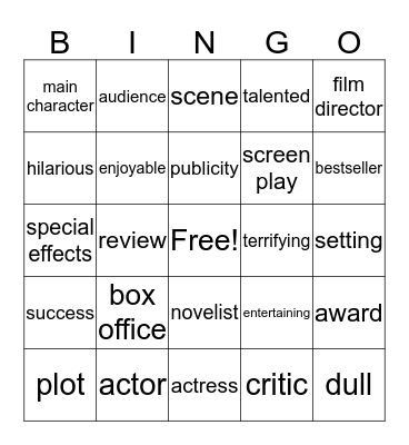 Film and book vocabulary Bingo Card