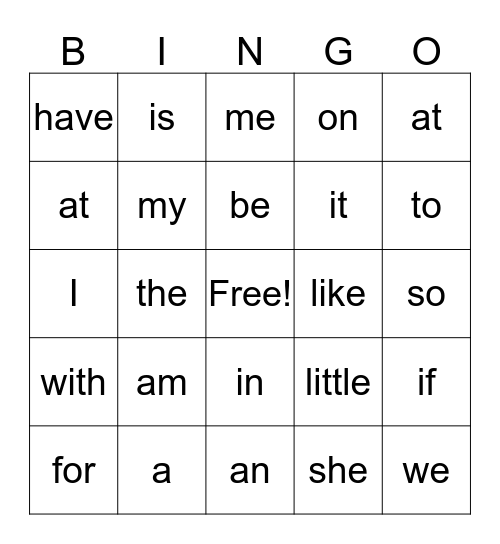 Sight Words Bingo Card