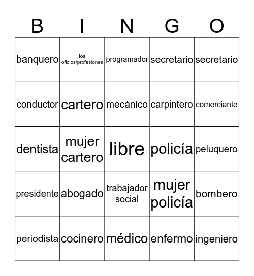 Profession Bingo Card