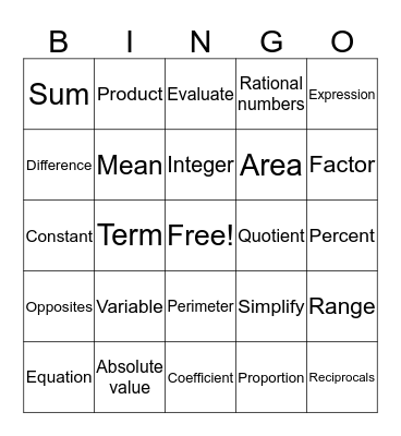 RMS Math Bingo Card