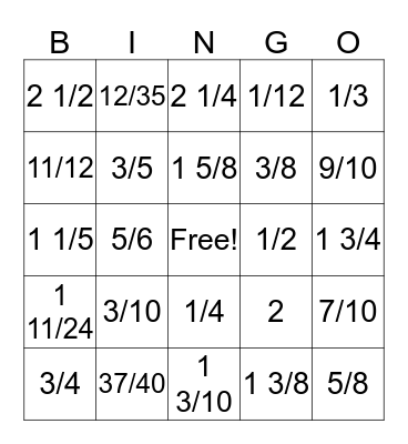 Fraction Operations Bingo Card