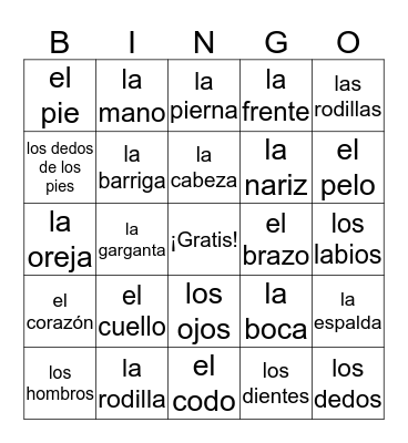 Las partes del cuerpo Bingo Card