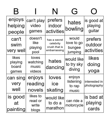 Interests & Hobbies Bingo Card