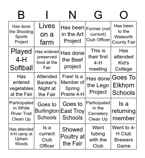 Spring Prairie 4-H Human Bingo Card