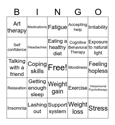 Depression Bingo Card