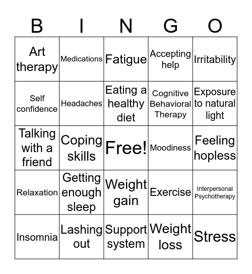 Depression Bingo Card