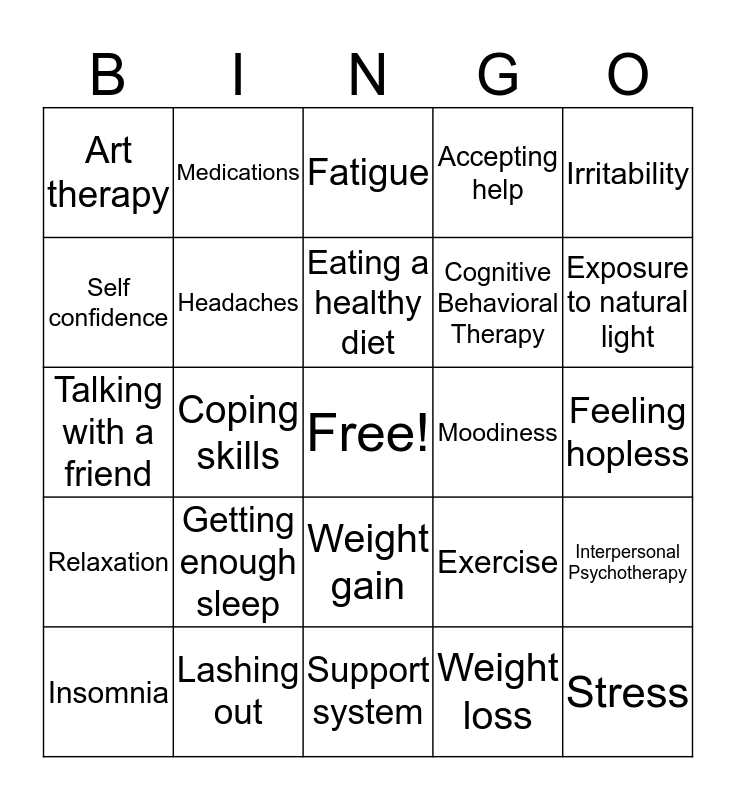 Depression Bingo Card