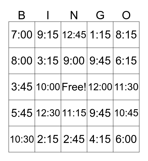 Telling Time Bingo Chart Bingo Card