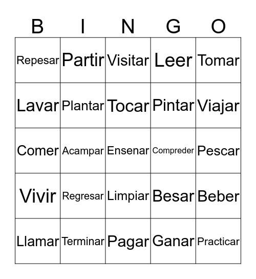 Verbs Bingo Card