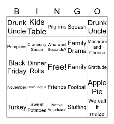 Thanksgiving Bingo  Bingo Card