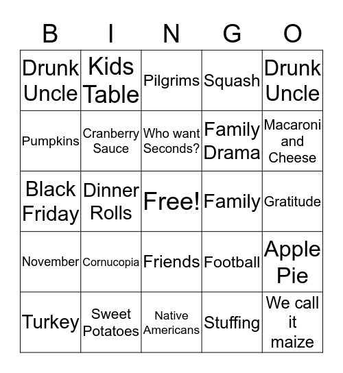 Thanksgiving Bingo  Bingo Card