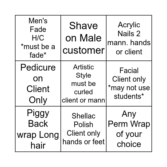 Cosmo~Services to Success Bingo Card