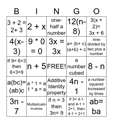 Expressions & Properties Bingo Card