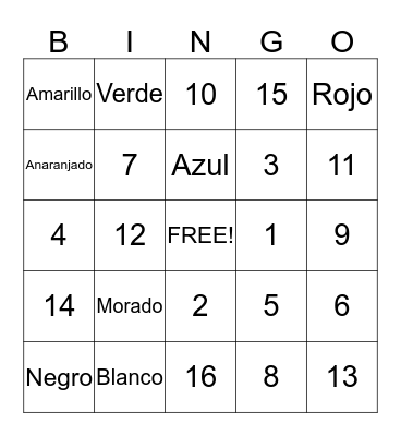Los Colores y Numeros Bingo Card