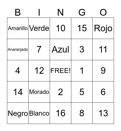Los Colores y Numeros Bingo Card