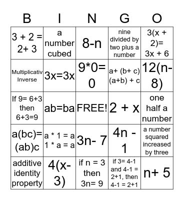 Expressions & Properties Bingo Card