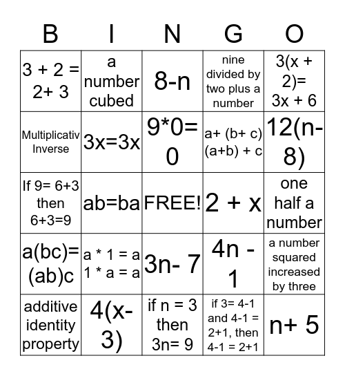 Expressions & Properties Bingo Card