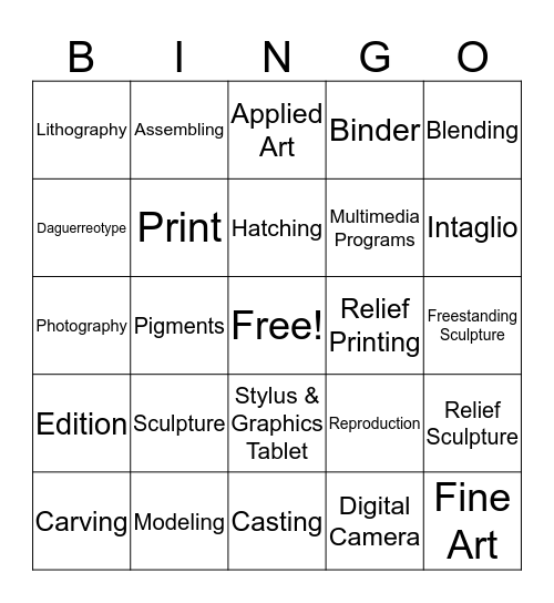 Art Media and Processes Bingo Card