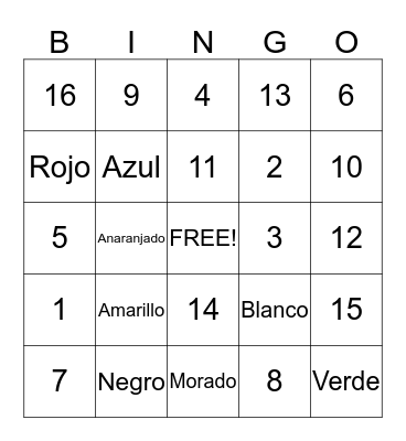 Los Colores y Numeros Bingo Card