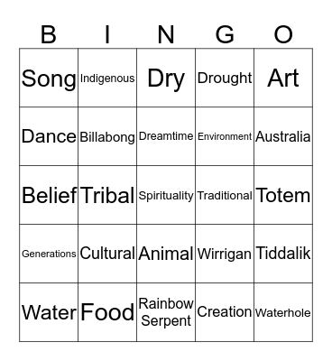 Aboriginal Dreamtime Bingo Card