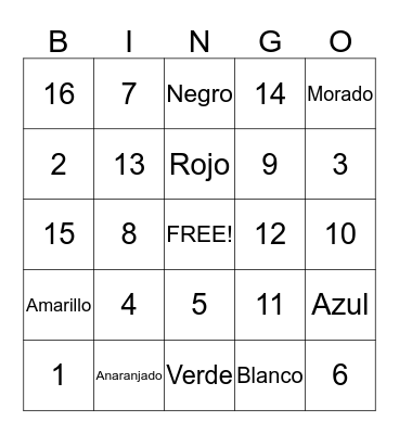 Los Colores y Numeros Bingo Card