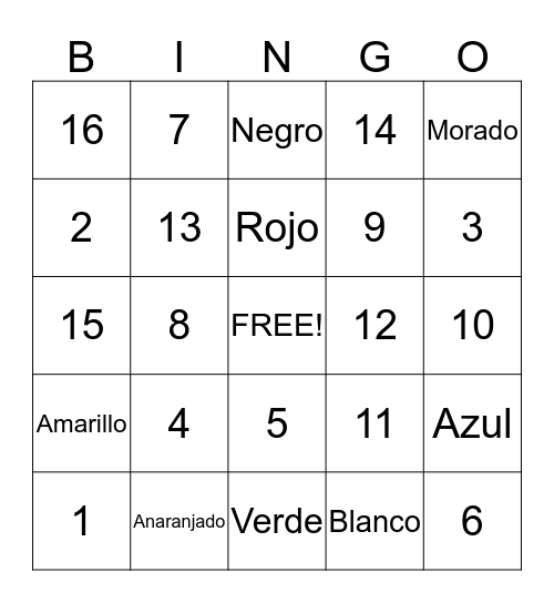Los Colores y Numeros Bingo Card