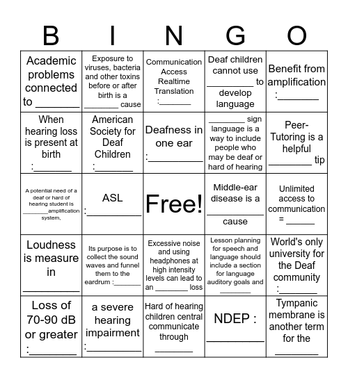 Hearing Loss Bingo Card